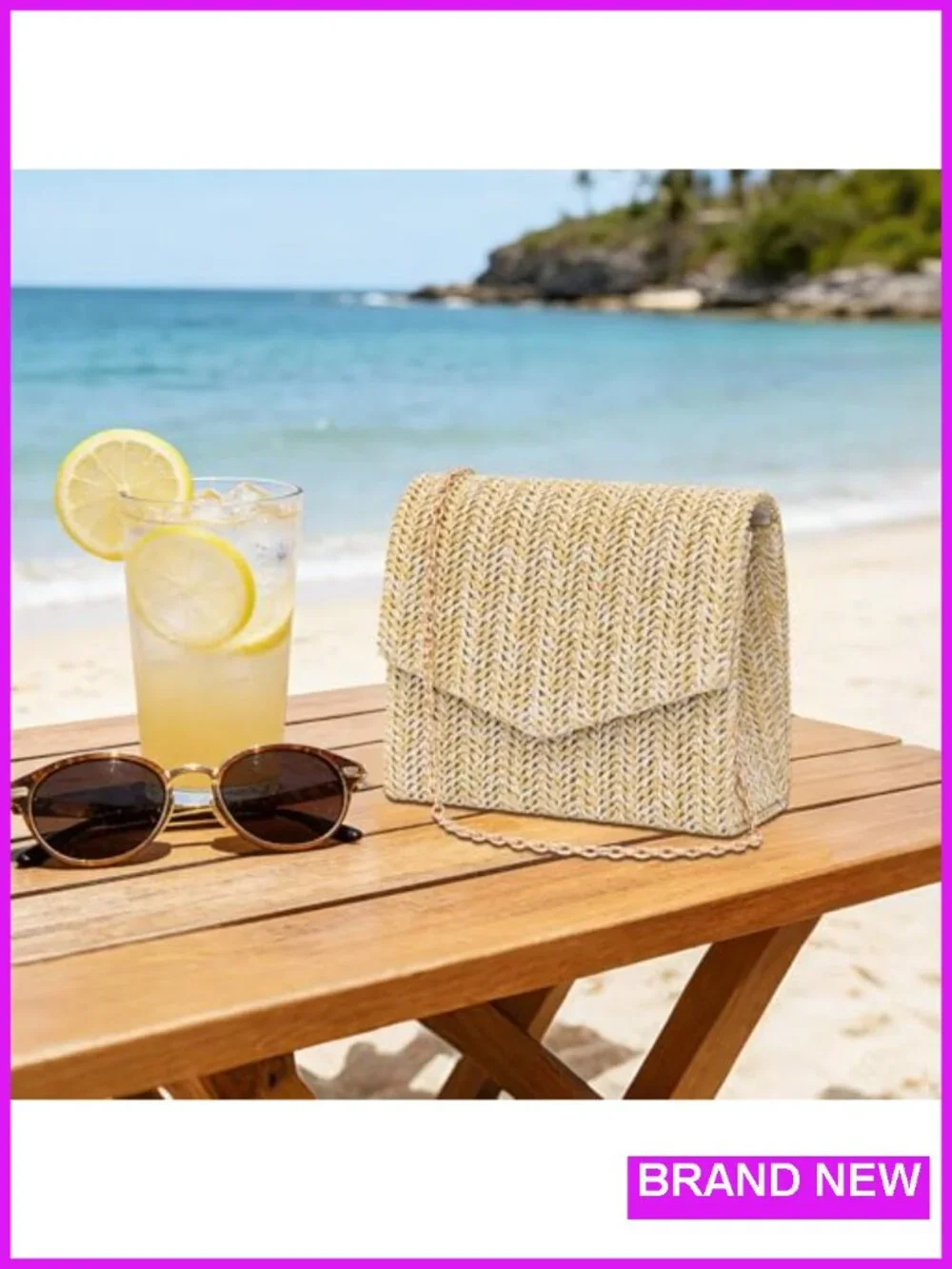 Straw Woven Clutch Purse with Detachable Chain, Bohemian Evening Handbag